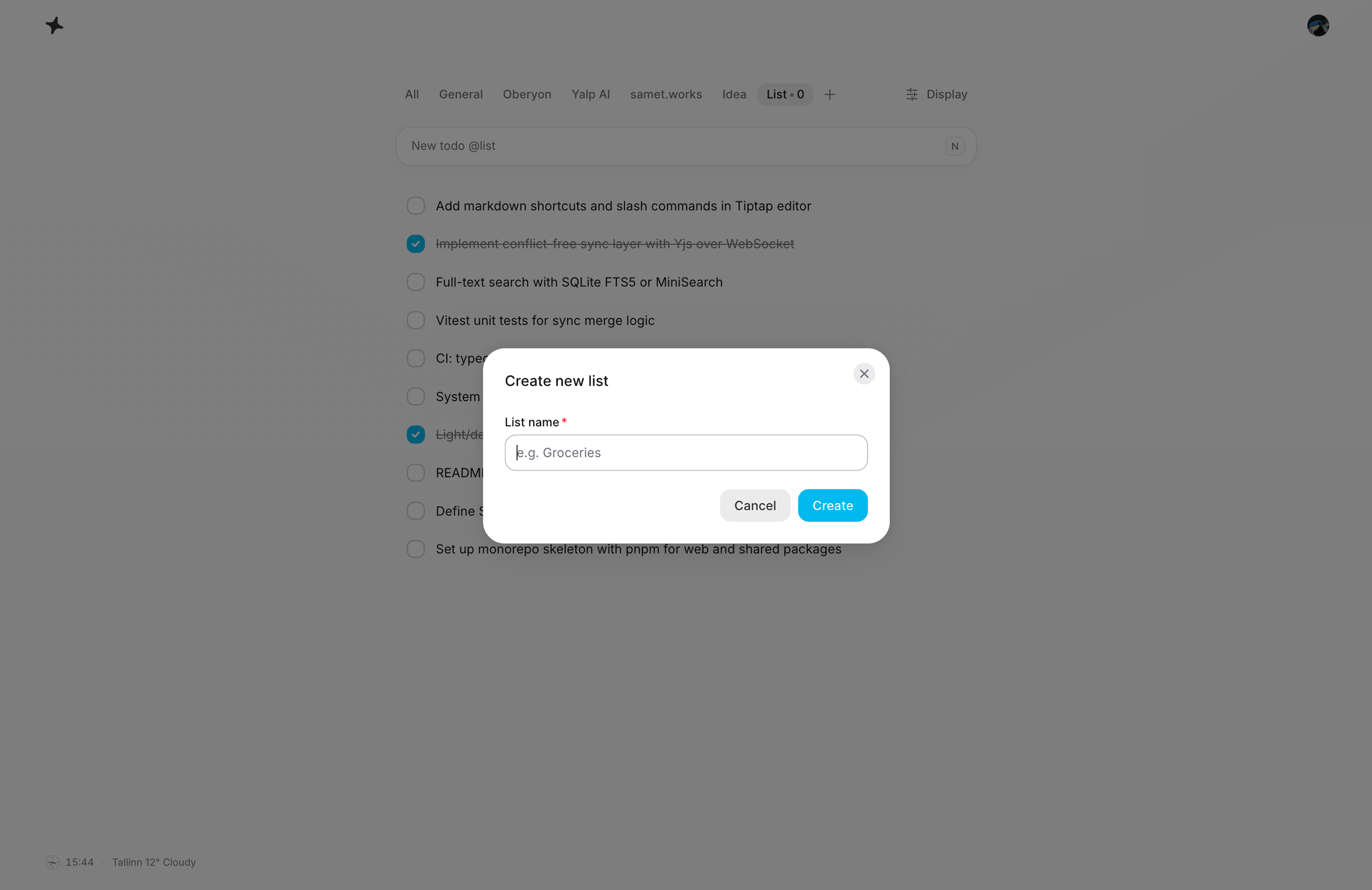 Yalp modal for creating a new list from the main todo view.